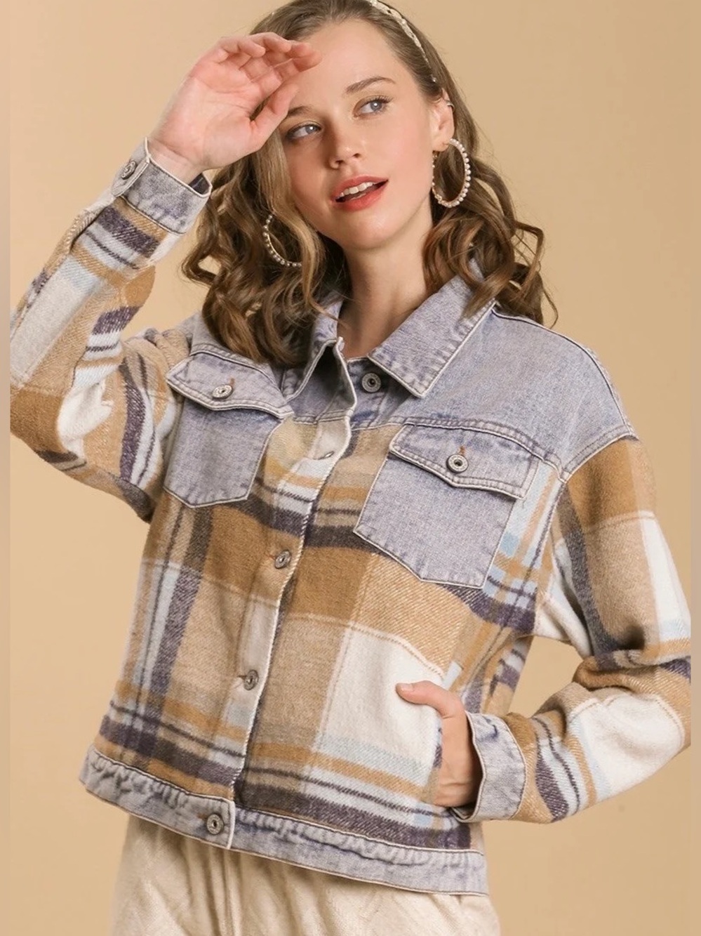 Umgee Light Wash Denim Jacket with Tan & Sky Blue Plaid